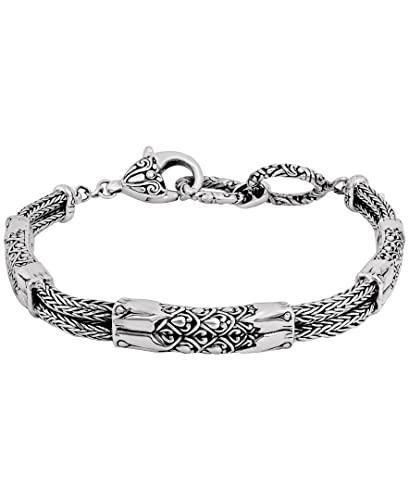 DEVATA Sterling Silver 925 Bali with Dragon Bone Tulang Naga/Borobudur/Wheat Paddy Chain Bracelet