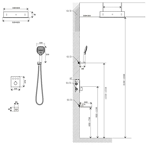 Kit de douche chromé thermostatique encastré avec mitigeur B - 6