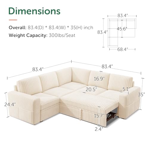 Image of HONBAY Modular Sectional Sleeper Sofa with Pull Out Bed,Corduroy L Shaped Couch with Storage, Sectional Couches for Living Room,Beige