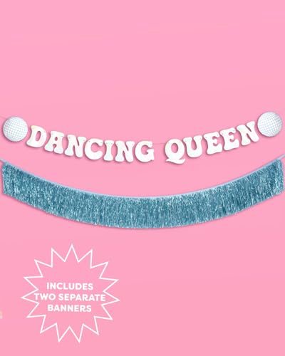 Image of xo, Fetti Dancing Queen Fringe Banner - Iridescent & Blue Fringe, 5 Ft. | Disco Bachelorette Decorations, 70s Backdrop, Groovy Birthday Party, Boogie Bach Backdrop
