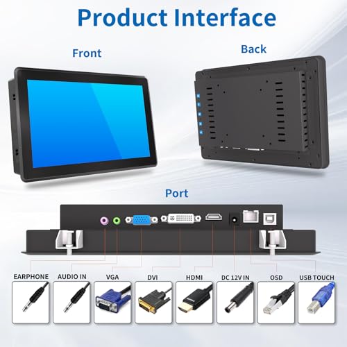 Image of 10.1 Inch Industrial Touch Screen Monitor, 10 Points Touch, Ratio 16:10 Capacitive PCAP Display, 1280 x 800R, Active Matrix TFT LCD, LED Backlight, VGA, DVI, HD-MI Ports