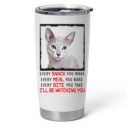 Every Snack You Make I'll Be Watching You Grayish Russian Blue Cat Tumbler 20oz Curved Stainless Steel Vacuum Insulated Cup With Lid Funny Gifts for Cat Lovers