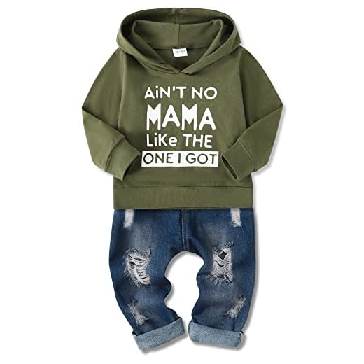 SOLOYEE Bebé Niño Conjunto Ropa 18-24 Meses Infantil Moda Letra Patrón Sudadera Manga Larga Con Capucha + Pantalones Vaqueros 2 Piezas, Verde Militar