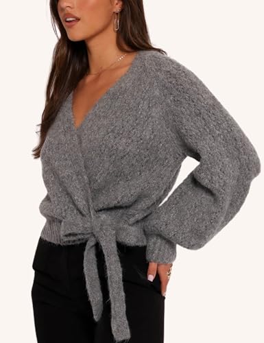 Esmeling Women Bow Tie Wrap Sweater V Neck Lantern Sleeves Knitwear Solid Pullover Cropped Cardigan3