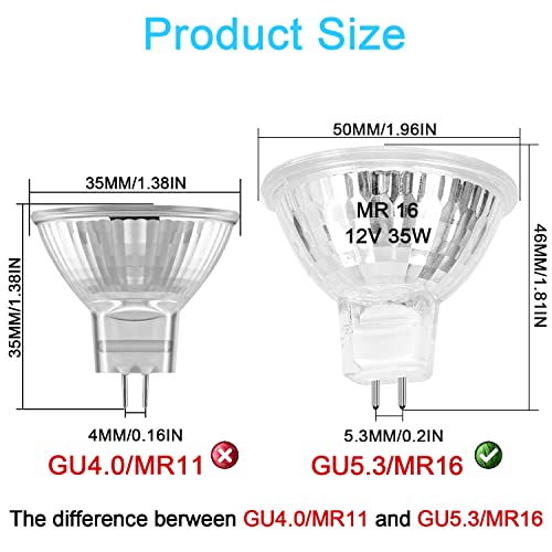 Lacnooe MR16 Halogen Bulb 35W Dimmable 12V GU5.3 Bi-pin Base Spotlight with Long Lifespan, 6 Pack MR16 Bulbs with Clear Glass Cover for Landscape Lights, Track Lights, Fiber Optics, 2700K Warm White