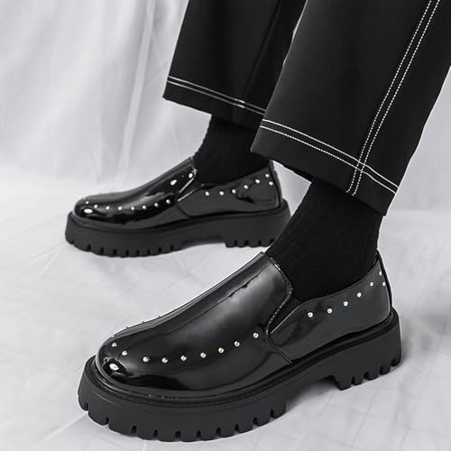 Men's Patent Leather Chunky Platform Rivet Loafers Round Toe Slip-On Non-Slip Lug Sole Dress Shoes Comfortable Causal Business Work Wedding Formal Shoes4