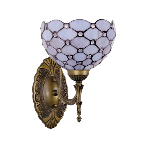 Image of Tiffany Wall Sconce Hand-Weld Stained Glass Bedside Lamp with Classic 8 Inches Lampshade for Bedroom Hallway Living Room Home Office (Gray White)