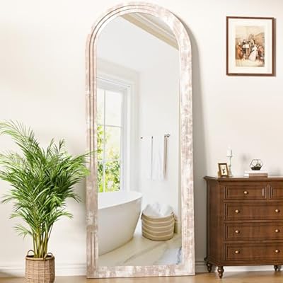 Antok Floor Mirror, 66"×24" Wood Arched Full Length Mirror Wooden Arched Mirror with Stand, Large Arched Wall Mirror, Oversized Arched Mirror Full Length, Wall Mounted Mirror Full Length, White