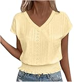 Eyelet Tops for Women Summer V Neck Short Sleeve Shirts Fashion Smocked Waist Crop Top Casual Plain T Shirts 2025 Yellow