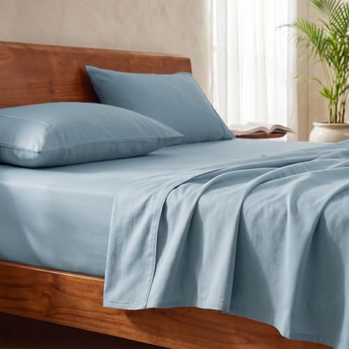 Image of LANE LINEN 100% Organic Cotton Bedsheet for King Size Bed - French Blue | GOTS Certified, Percale Weave, 108x108 inches, Soft & Breathable, Machine Washable, Includes 2 Pillow Covers