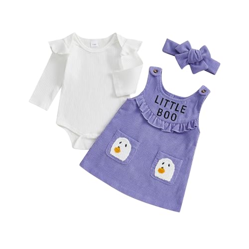 Image of MoZiKQin Baby Girl Halloween Outfit Long Sleeve Ruffle Romper Ghost Embroidery Overall Dress Headband Cute Fall Clothes