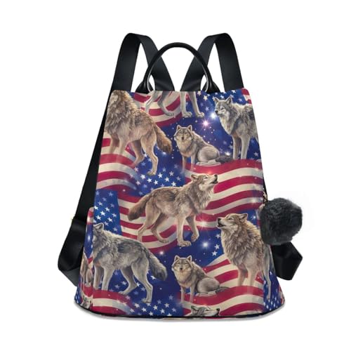 Mochila con diseño de bandera de EE. UU. Wolves antirrobo con cremallera trasera de lona para mujer