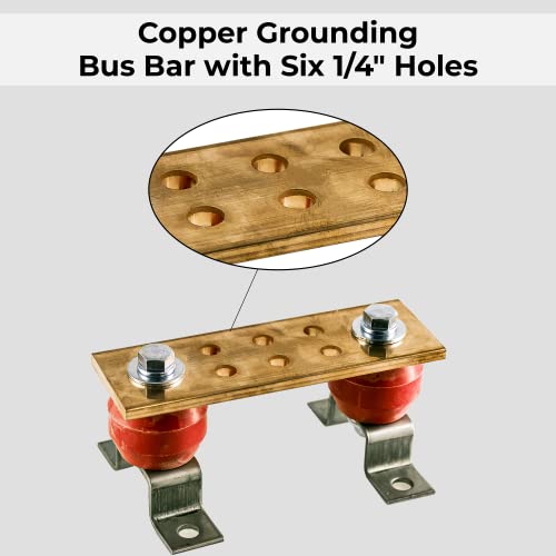 6" Copper Ground Bus Bar - Wall Mounted Ground Bar Kit - Electrical Ground Bar With Mounting Brackets - Copper Grounding Busbar Bar Kit With 2.5Kv Insulators - Ul Listed #TOP3