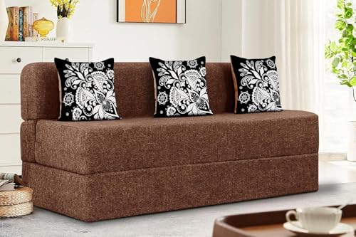 Image of Rosebell Three Seater Sofa Cum Bed | Jute Fabric Washable Cover | with 3 Printed Cushions Perfect for Guest | Brown | 5' X 6' Feet