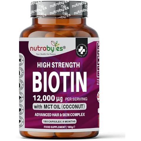 Biotin Hair Growth Supplement 12000mcg enriched with Coconut Oil (MCT) | 180 Vegan Capsules, 6 Months Supply | Hair Growth Supplement Capsules for Men & Women | Healthy Skin, Hair, Nails, Made in UK Cover