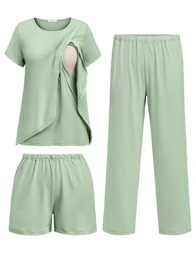 Image of Ekouaer 3 PCS Maternity Nursing Pajamas Set Postpartum Breastfeeding Short Sleeve Shirts, Pregnancy Shorts & Pants Pjs S-XXL