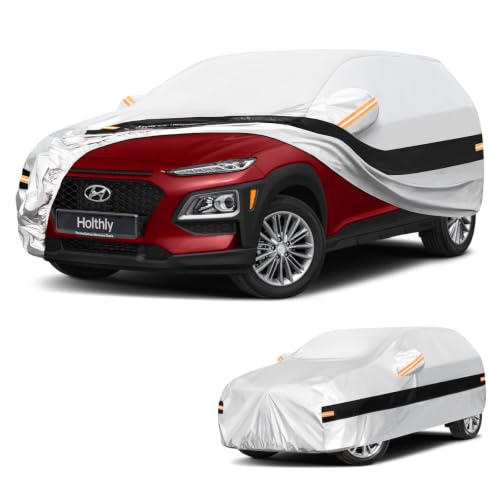 Image of 10 Layers SUV Car Cover Custom Fit for Hyundai Kona (2017-2026), Waterproof All Weather for Automobiles, Outdoor Full Cover Sun Dust Rain Protection with Cotton. Silver
