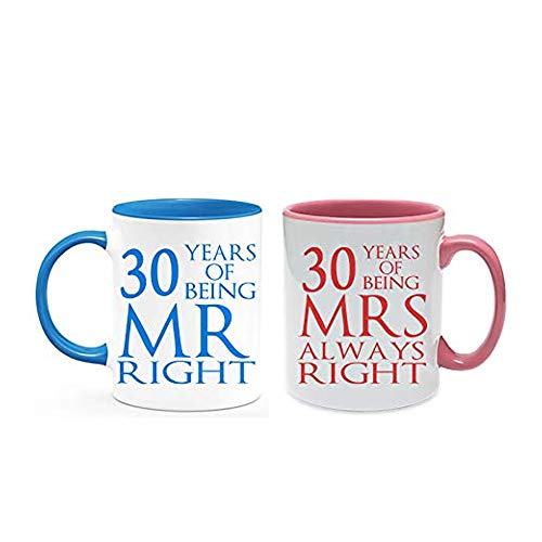 Pearl Anniversary 30 Years of Being Mr Right & Mrs Always Right Set of 2 Wedding Anniversary Valentines Day Coloured Couple Mug Set. (30 Years)