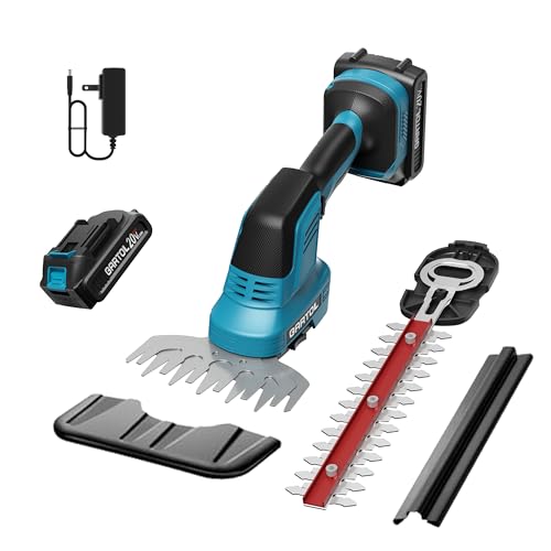 GARTOL Hedge Trimmer Cordless 2-in-1, 12'' Bush Trimmer & 20V Battery Powered Grass Shears with Battery & Charger, Lock, Fast Blade Change, Electric Hedge Shears Compatible with 18V Makita Batteries