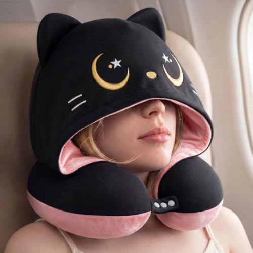 Image of Mewaii Travel Neck Pillow, Airplane Pillow with Hood, Memory Foam, Pink | Neck Support, Reversible, Adjustable Strap, Washable Cover, Cat-Ear Hood, Storage Bag, for Flights, Adults & Teens