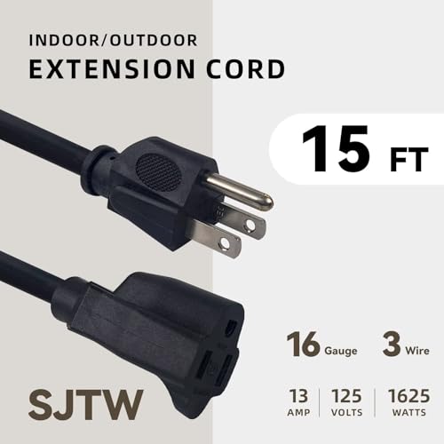 Image of 15ft Outdoor Extension Cord - 16 /3 Heavy Duty SJTW Waterproof Black Electrical Cable with 3 Prong Grounded Plug for Safety, Great for Lawn and Major Appliances