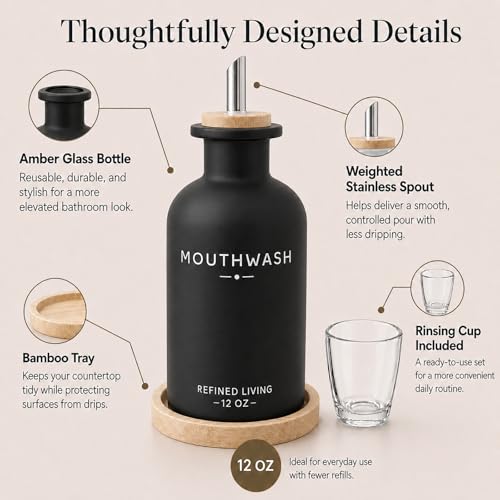 Image of Mouthwash Dispenser for Bathroom, 12 OZ Refillable Glass Mouthwash Bottle with Cup and Bamboo Tray, Decorative Mouth Wash Dispenser Set for Bathroom (Black)