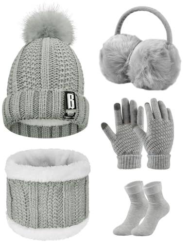 UMIPUBO Womens Winter Knitted Hat and Scarf Set - Plush Ear Warmers Beanie Hat Touch Screen Gloves Earmuffs Stockings - One Size Grey