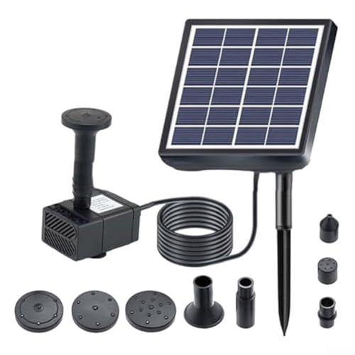 Bomba de fuente solar con 5 boquillas, fuente de baño de pájaros de metal para estanque de jardín, kit de características de agua al aire libre, color negro