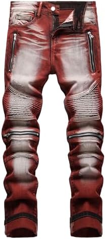 qcdyrxf Men's Ripped Jeans Slim Fit Stretch Skinny Jeans for Men Distressed Straight Leg Waist Red Pants