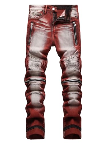 qcdyrxf Men's Ripped Jeans Slim Fit Stretch Skinny Jeans for Men Distressed Straight Leg Waist Red Pants