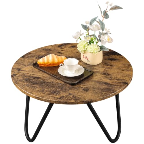 Image of Round Coffee Table Wooden Coffee Tables for Living Room Mid-Century Modern Center Table Wood Grain Desktop and Metal Legs Easy to Assemble Dark Brown