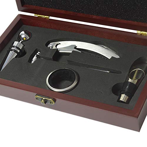 KIT PARA VINHO 5 PEÇAS COM SACA ROLHAS CAIXA MADEIRA