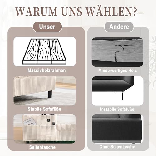 Soweiz Sofa, weicher Chaiselongue-Liegesessel mit seitlichen Getränkehaltern, USB-Anschlüssen, integrierter LED-Ambiente-Beleuchtung – für Wohnzimmer, Schlafzimmer, 142x128x85cm (Beige)