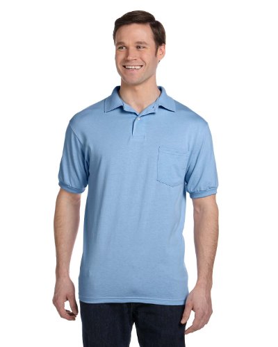 Hanes Men's Cotton-Blend EcoSmart Jersey Polo with Pocket Light Blue