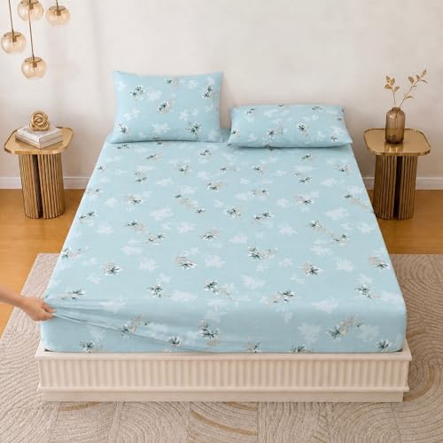 Image of King Size Elastic Fitted Bedsheet, 100% Pure Cotton King Size Fitted Bedsheet for Double Bed with 2 Pillow Covers, 240 TC, 72x78 Inches up to 8-inch Mattress, Floral (Serene Blue)