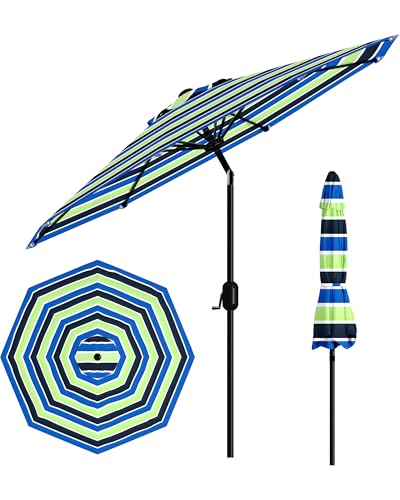 GarveeLife 9 ft Patio Umbrella Outdoor Table Market Umbrella with Push Button Tilt and Crank 8 Sturdy Ribs UV Protection Waterproof for Garden Deck Backyard Pool (Yellow-blue-purple striped)