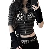 Goth Shirt for Women Long Sleeve Graphic Printed Crop Top Crew Neck Vintage Harajuku Tee Top Grunge Clothes (A Gothic Grey,Medium)