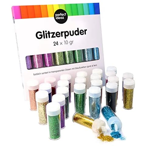 perfect ideaz • 24 x 10g (240g) Glitzerpulver bunt, Glitter-Puder in 24 Farben, Bastel-Staub in Dose mit Streu-Deckel, Deko-Sand ideal zum Basteln für Kinder, Set zur Dekoration von Karten & Papier Cover