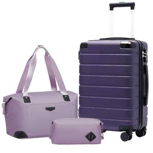 Coolife Luggage Set Suitcase 3 Piece Luggage Set Carry On Travel Luggage TSA Lock Spinner Wheels Aluminum Corner Protectors Hard Shell Lightweight Luggage Set Purple 3 piece set (DB/TB/20)