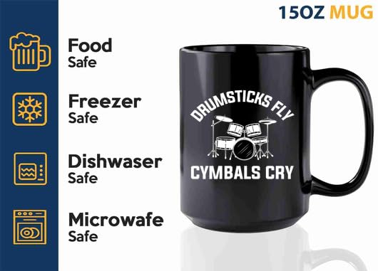 Taza de café para músicos, 15 onzas, negra, con diseño de baquetas y platillos miniatura 4