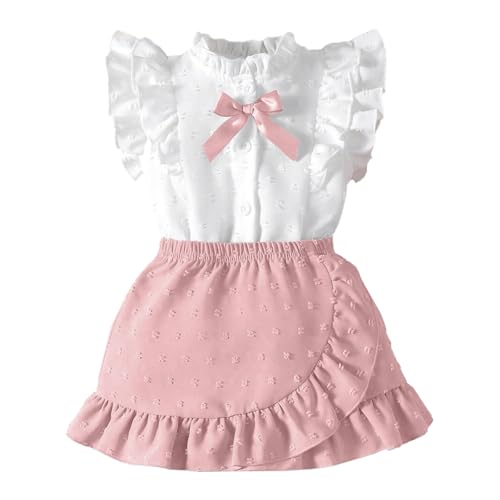 LUVCES Conjunto de Falda para Bebé Niña Blusa Sin Mangas con Ribete de Volantes y Lazo+ Elegante Lunares Suizos Falda 2 Piezas Ropa de Verano Rosa 12 18 Meses