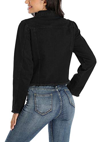 MISS MOLY Jean Jacket Women’s Frayed Washed Button Up Cropped Denim Jacket w 2 Side Pockets