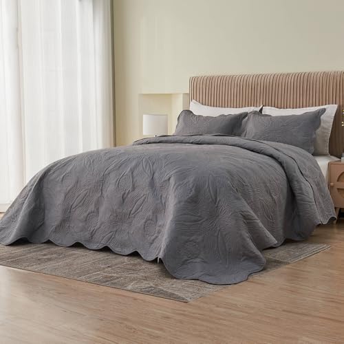 Image of Kingnex Oversized King Bedspreads 128x120 Extra Wide for Tall King or Cal King Bed Ultrasonic Quilted Coverlet Set 3 Piece Include 1 Quilt 2 Pillowcases Dark Grey