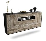 Dieses Sideboard hat Gesamt-Maße von 180x77x35cm. Das sind 1,80m pure Eleganz und Stauraum - ideal für große Räume! Die Holz Front Treibholz Nachbildung sorgt mit seinem dunklen Grau und der schön abgesetzten Holzmaserung für eine rustikale Ruhe und Geborgenheit. Der anthrazit-matte Korpus harmoniert mit allen Farben und wirkt besonders edel im Kontrast zu hellen Wänden.