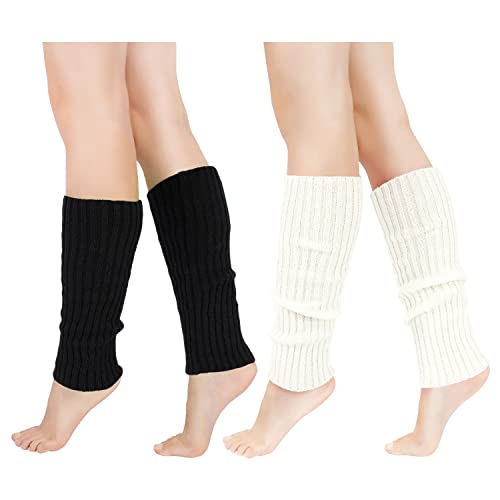 Junely 2 Pairs Leg Warmers for Women 80s Ribbed Knit Leg Warmer Pack for Ballet Dance Figure Skating Yoga Party Neon Black and White One size