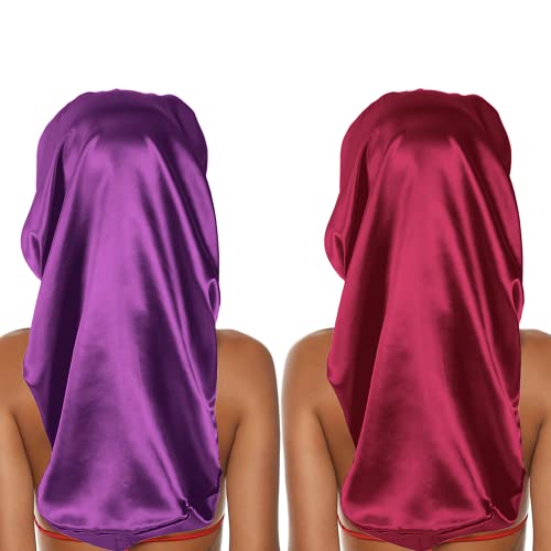 2PCS Braids Bonnets for Women Soft Elastic Band Satin Bonnets for Long Hair Weave Dreadlocks Long Satin Bonnet Long Hair Bonnet for Sleeping (Dark Purple+Wine)