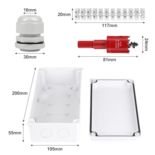 CPROSP Abzweigdose Wasserdicht IP65 Feuchtraumdosen Aufputz-Abzweigkasten 200x100x70mm für Ø12-15 mm, mit 10x Kabelverschraubungen, mit Lochsäge 20mm