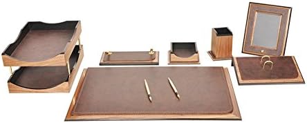 Zetsu 10?Piece Luxury Leather Desk Pad with Double Document Holder Office Organizer Desk Set Wood Leather in 3?Colours - brown