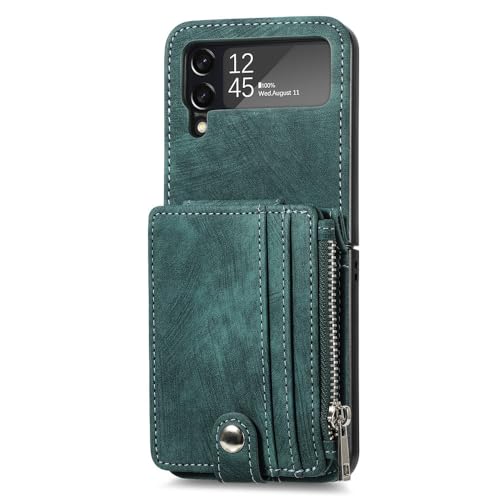 Étui portefeuille en cuir PC pour Samsung Galaxy Z Flip 6 5 4 3 vert foncé avec porte-cartes