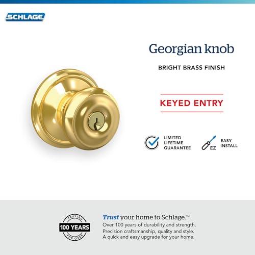 Image of Schlage F51A GEO 605 Georgian Knob Keyed Entry Lock, Bright Brass